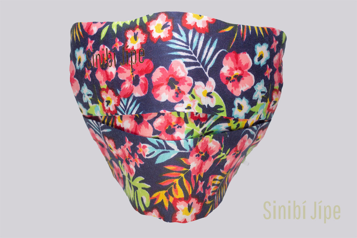 Cubrebocas Rarámuri K - Azul marino con estampado florado